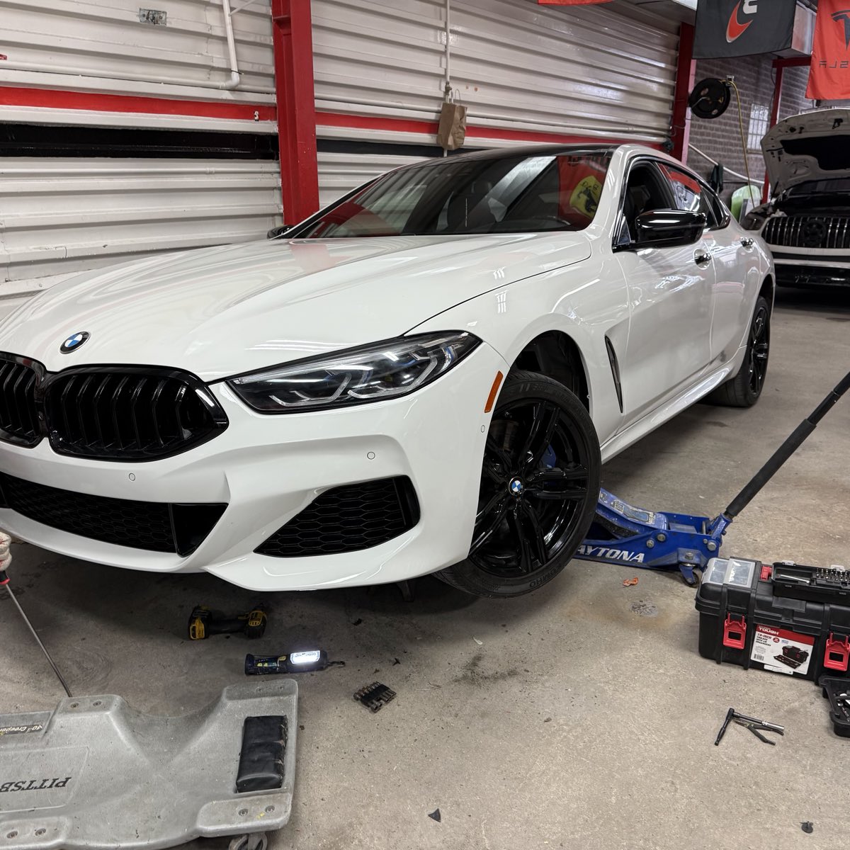White BMW 8 Series holding a sharp, swirl-free reflection down the door and fender at Exclusive Collision & Repair in Brooklyn, NY