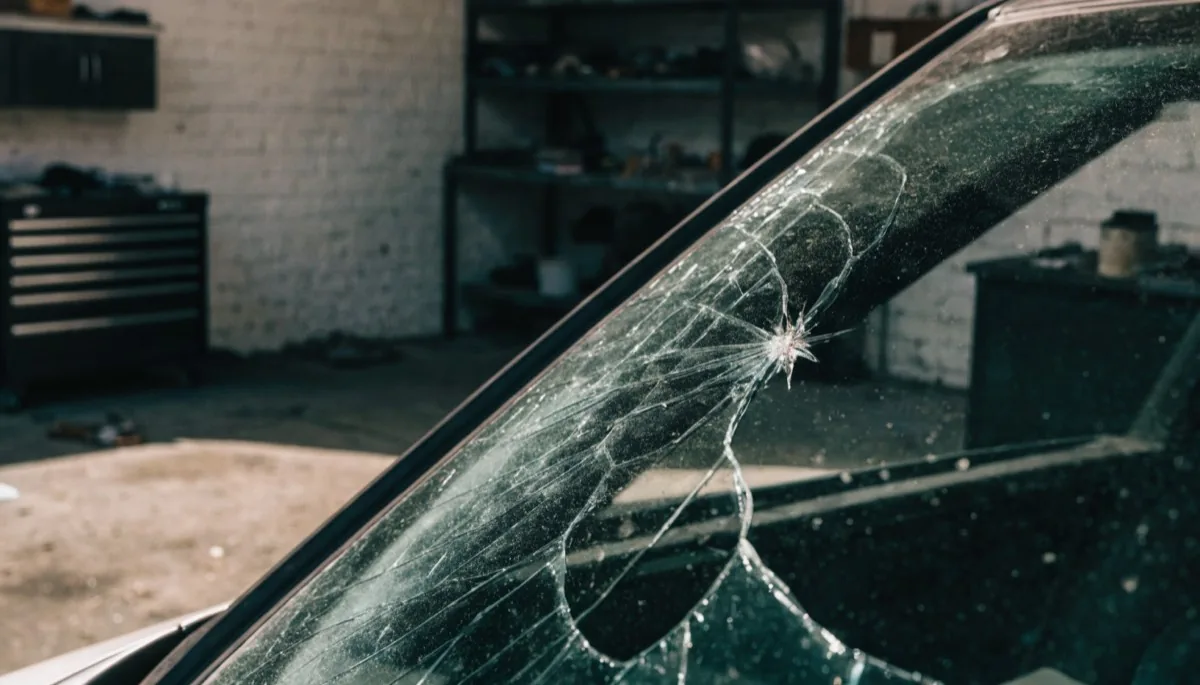 Windshield with a star-shaped impact chip and spreading crack on a car at Exclusive Collision & Repair auto glass shop in Brooklyn, NY
