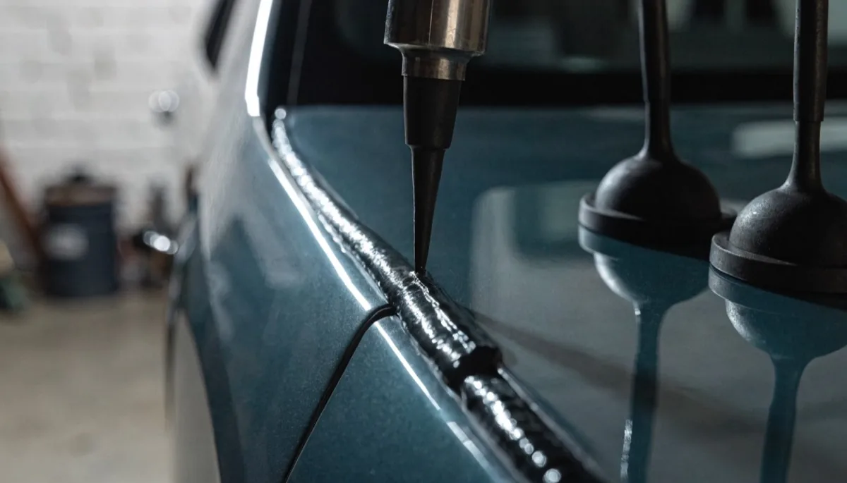 Fresh urethane adhesive bead laid along the pinch weld before a new windshield is fitted at Exclusive Collision & Repair in Brooklyn, NY