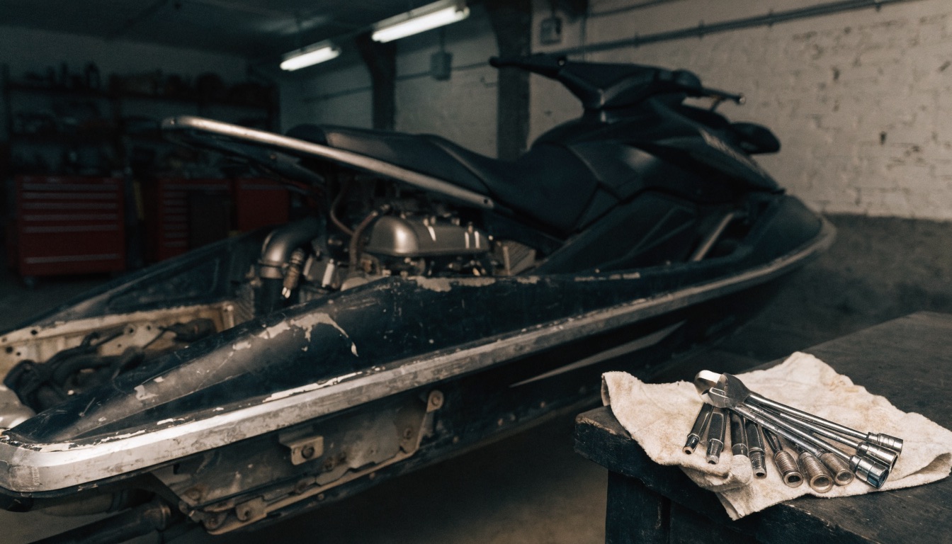 Jet ski with the seat removed exposing the engine for mechanical repair at Exclusive Collision & Repair in Brooklyn, NY