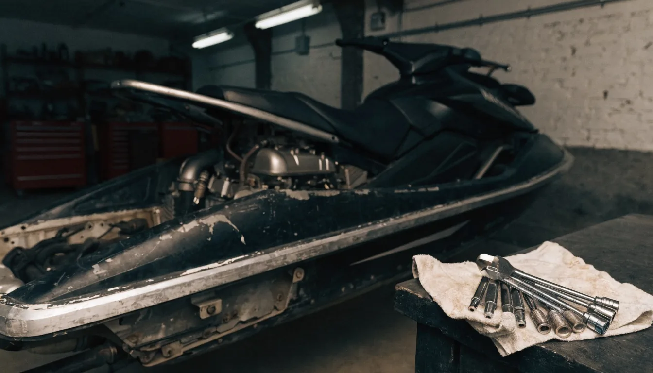 Jet ski with the seat removed exposing the engine for mechanical repair at Exclusive Collision & Repair in Brooklyn, NY