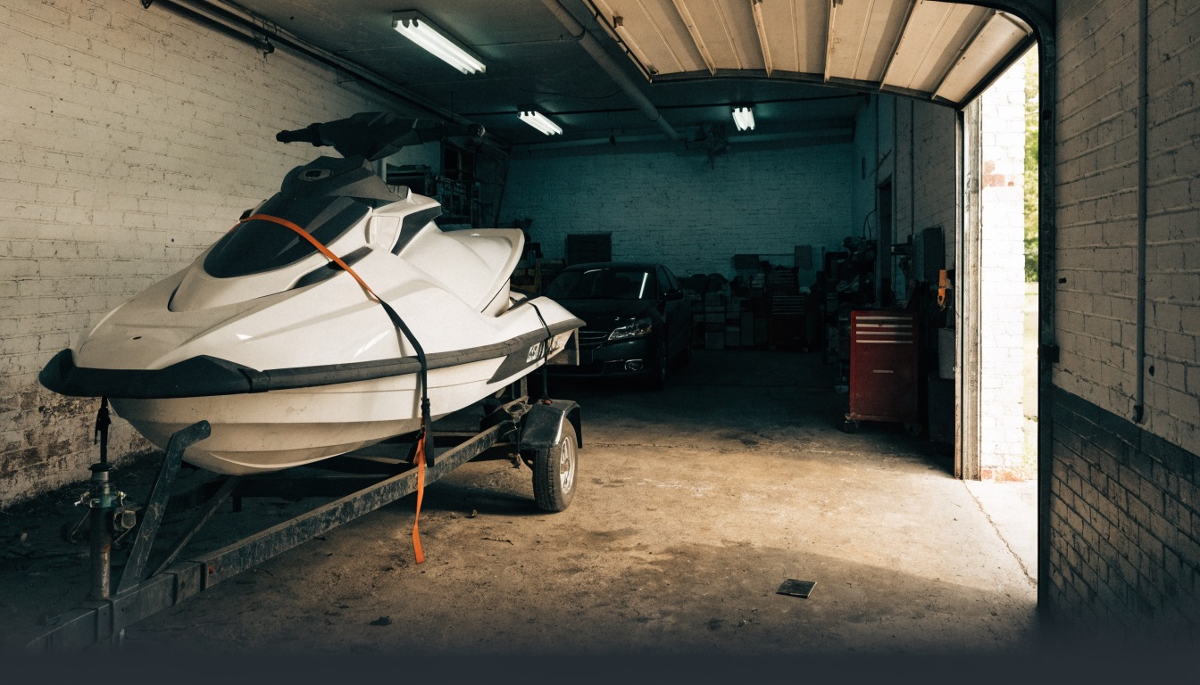 Jet ski strapped to a trailer at the Exclusive Collision & Repair shop door in Brooklyn, NY, ready for return to the marina